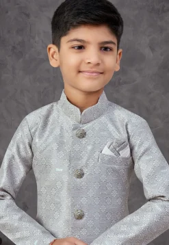 Woven Art Silk Jacquard Sherwani in Grey