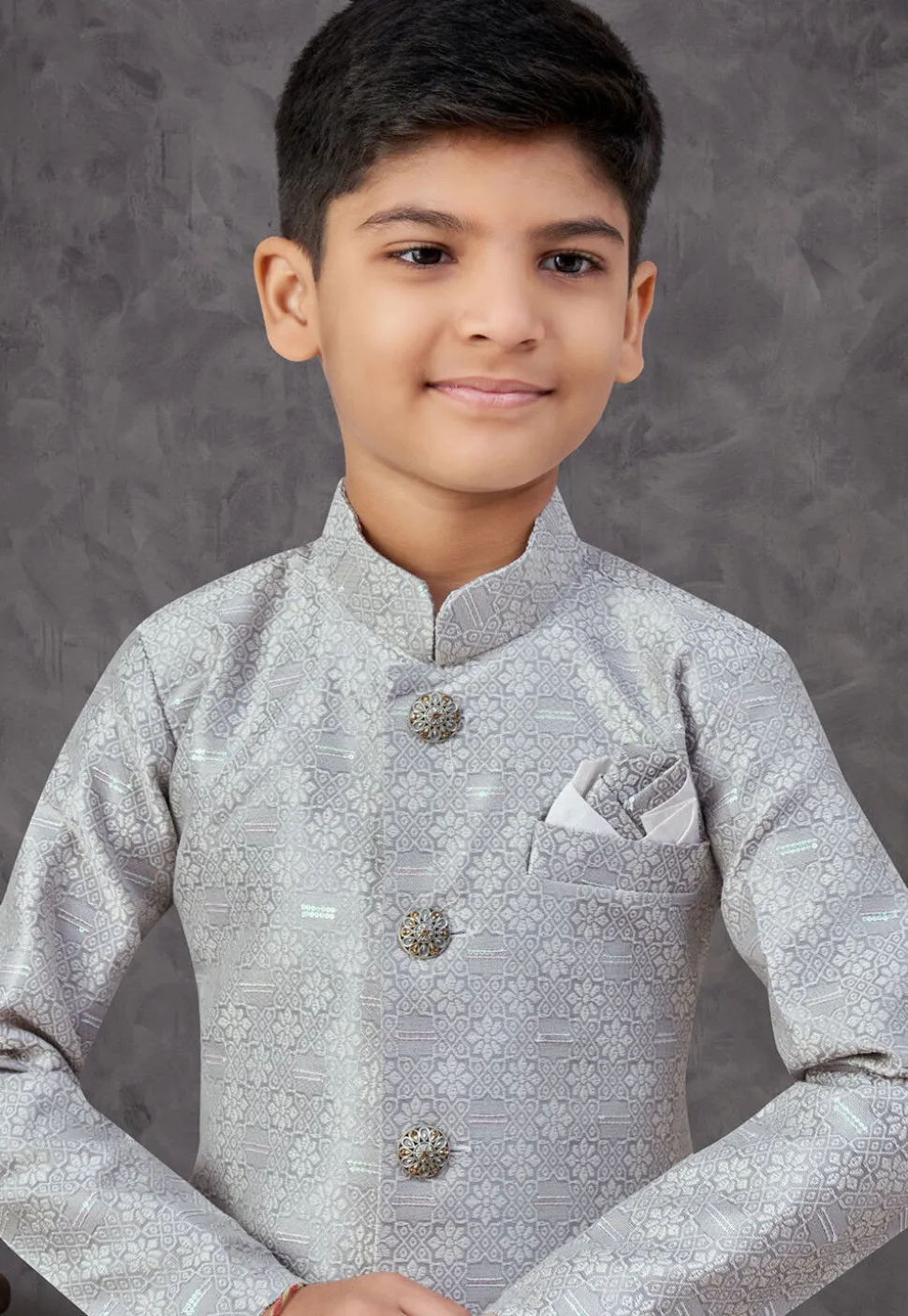 Woven Art Silk Jacquard Sherwani in Grey