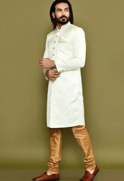 Woven Art Silk Jacquard Sherwani in White