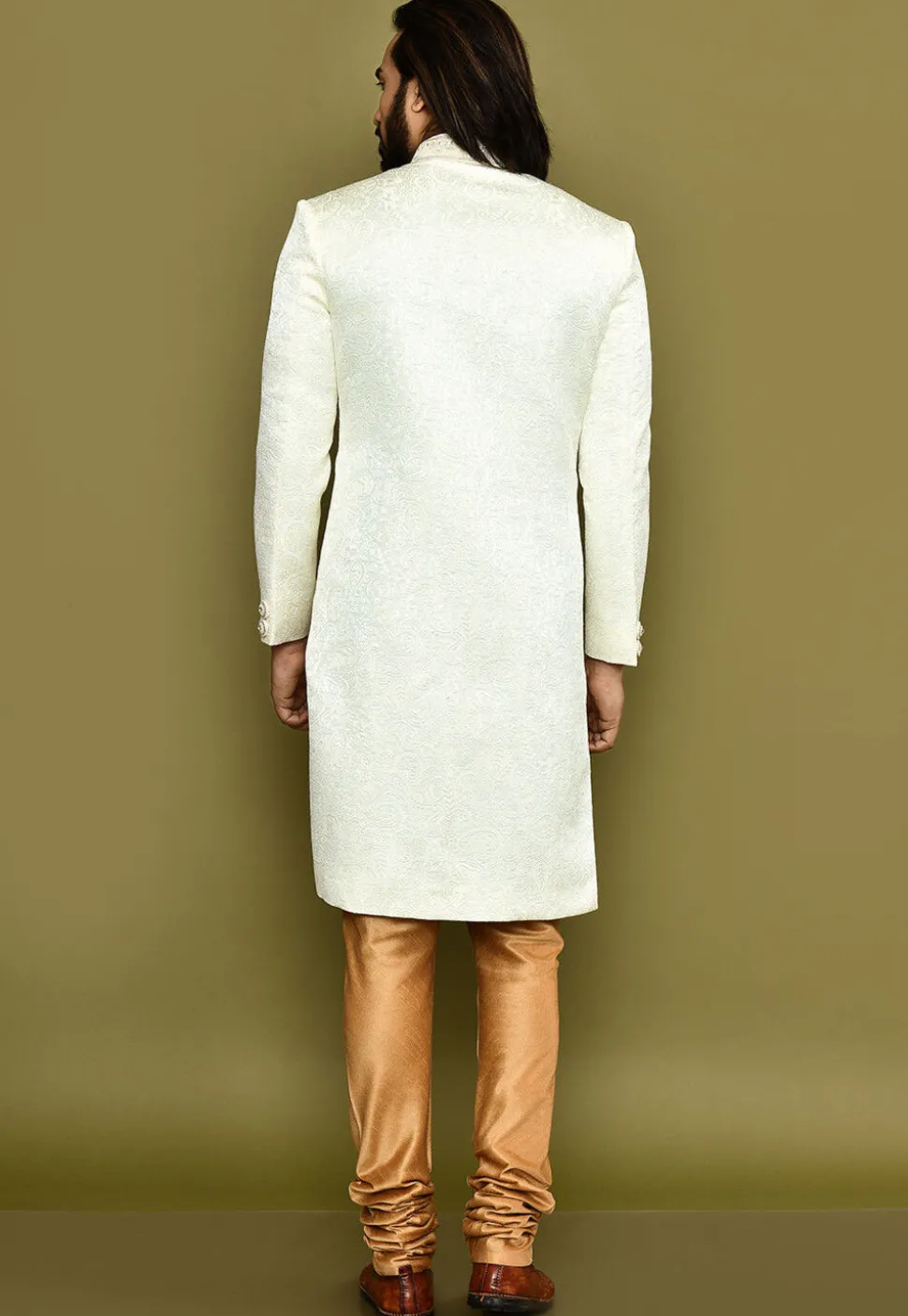 Woven Art Silk Jacquard Sherwani in White