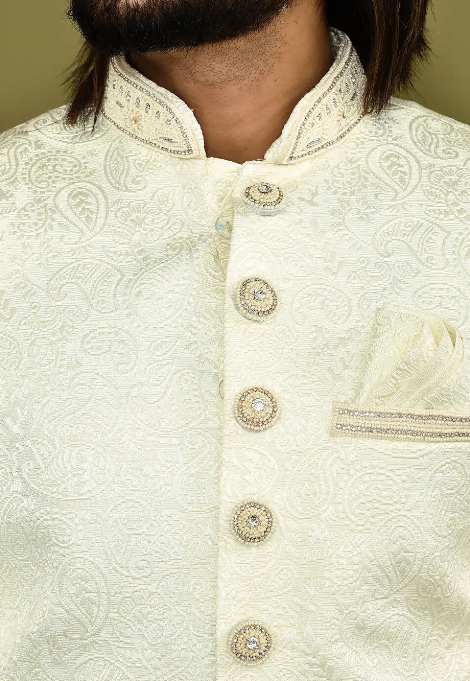 Woven Art Silk Jacquard Sherwani in White