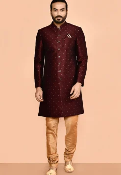 Woven Art Silk Jacquard Sherwani in Maroon