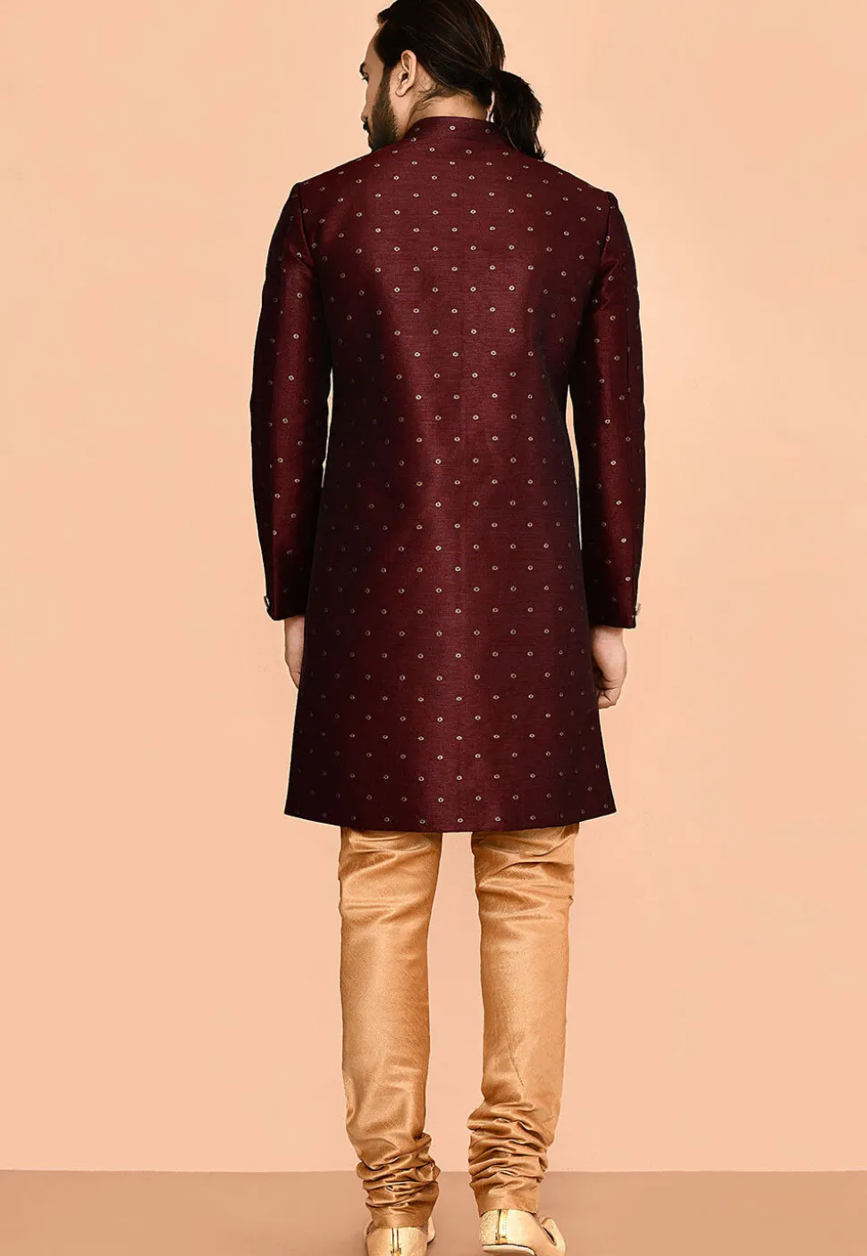 Woven Art Silk Jacquard Sherwani in Maroon