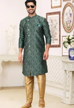 Woven Art Silk Jacquard Sherwani in Dark Green