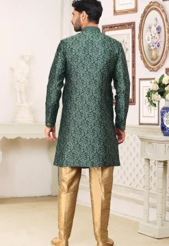 Woven Art Silk Jacquard Sherwani in Dark Green