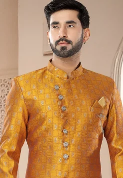 Woven Art Silk Jacquard Sherwani in Mustard
