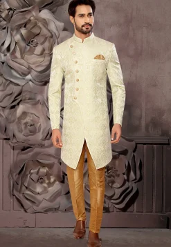 Woven Art Silk Jacquard Sherwani in Pastel Green