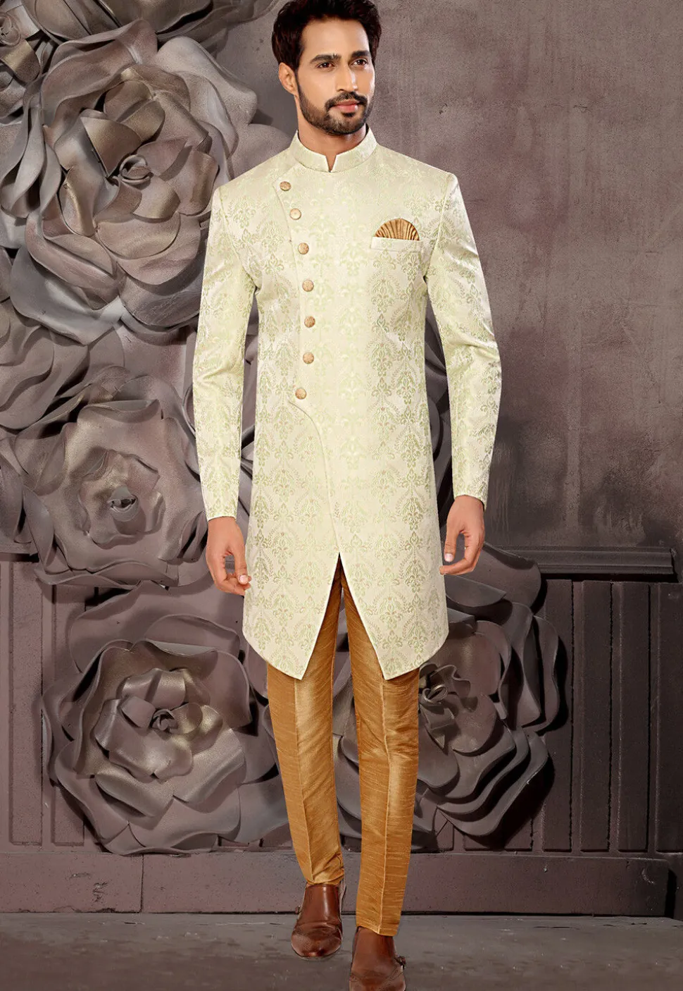 Woven Art Silk Jacquard Sherwani in Pastel Green