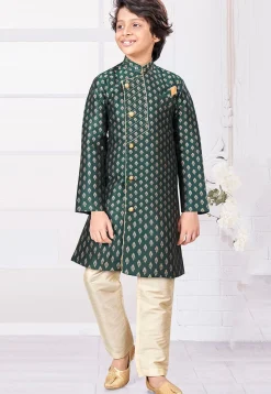 Woven Art Silk Jacquard Sherwani in Dark Green
