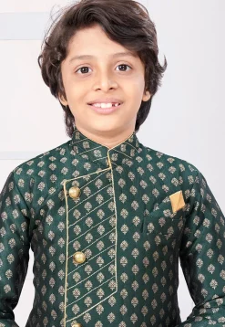 Woven Art Silk Jacquard Sherwani in Dark Green