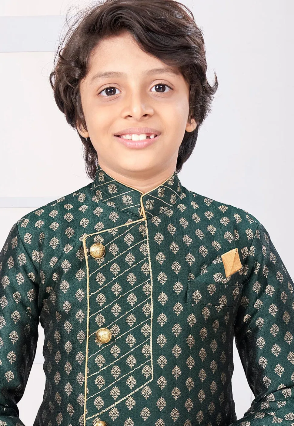 Woven Art Silk Jacquard Sherwani in Dark Green