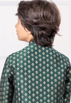 Woven Art Silk Jacquard Sherwani in Dark Green