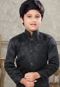 Woven Art Silk Jacquard Sherwani in Black