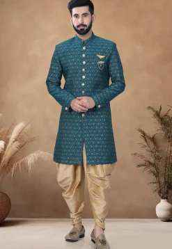 Woven Art Silk Jacquard Sherwani in Teal Blue