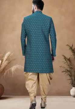 Woven Art Silk Jacquard Sherwani in Teal Blue