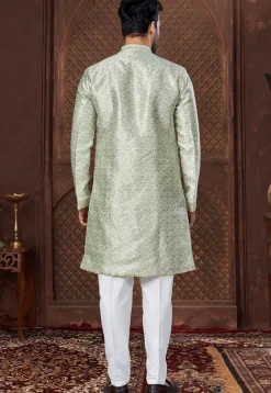 Woven Art Silk Jacquard Sherwani in Light Green