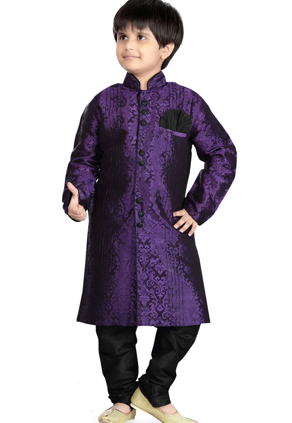 Woven Art Silk Jacquard Sherwani in Purple