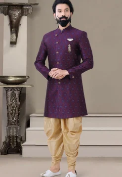 Woven Art Silk Jacquard Sherwani in Purple