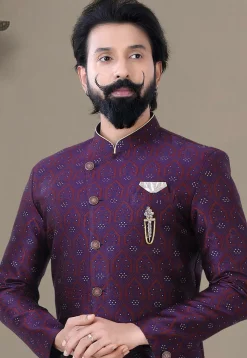 Woven Art Silk Jacquard Sherwani in Purple