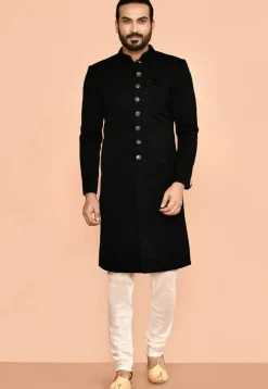 Woven Art Silk Jacquard Sherwani in Black