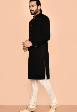 Woven Art Silk Jacquard Sherwani in Black