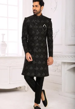 Woven Art Silk Jacquard Sherwani in Black