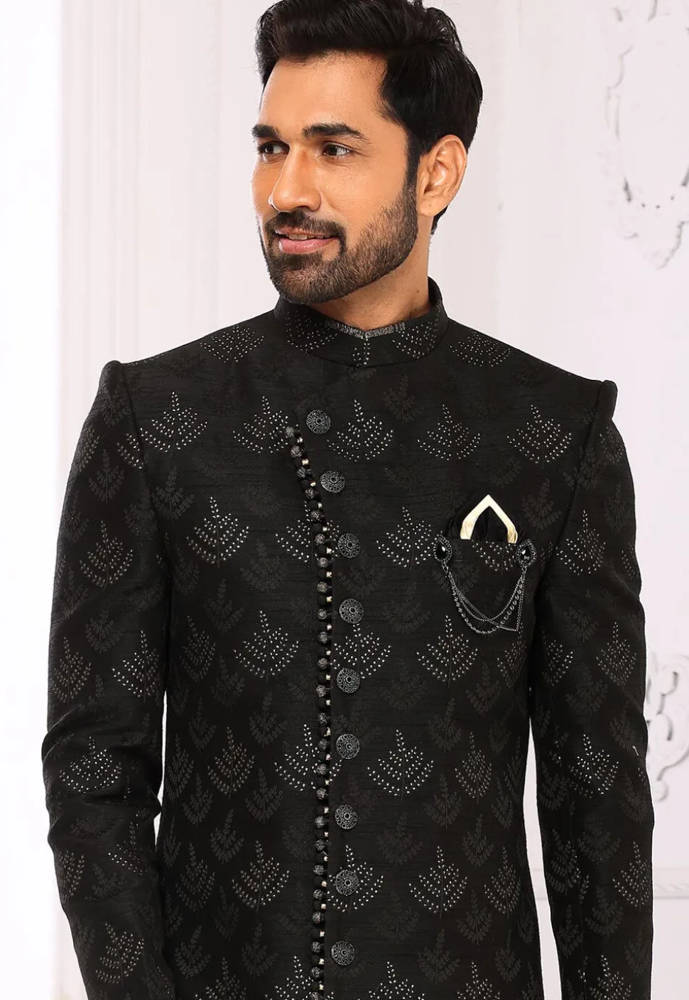 Woven Art Silk Jacquard Sherwani in Black