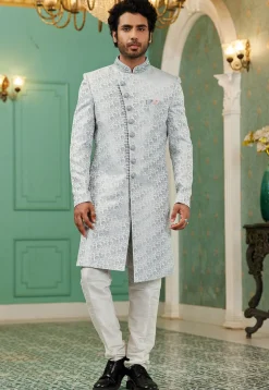 Woven Art Silk Jacquard Sherwani in Light Grey