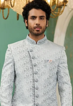 Woven Art Silk Jacquard Sherwani in Light Grey