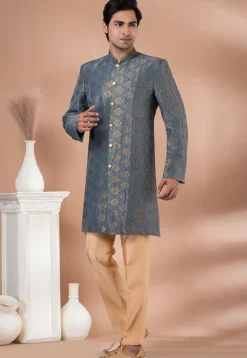 Woven Art Silk Jacquard Sherwani in Grey