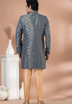 Woven Art Silk Jacquard Sherwani in Grey