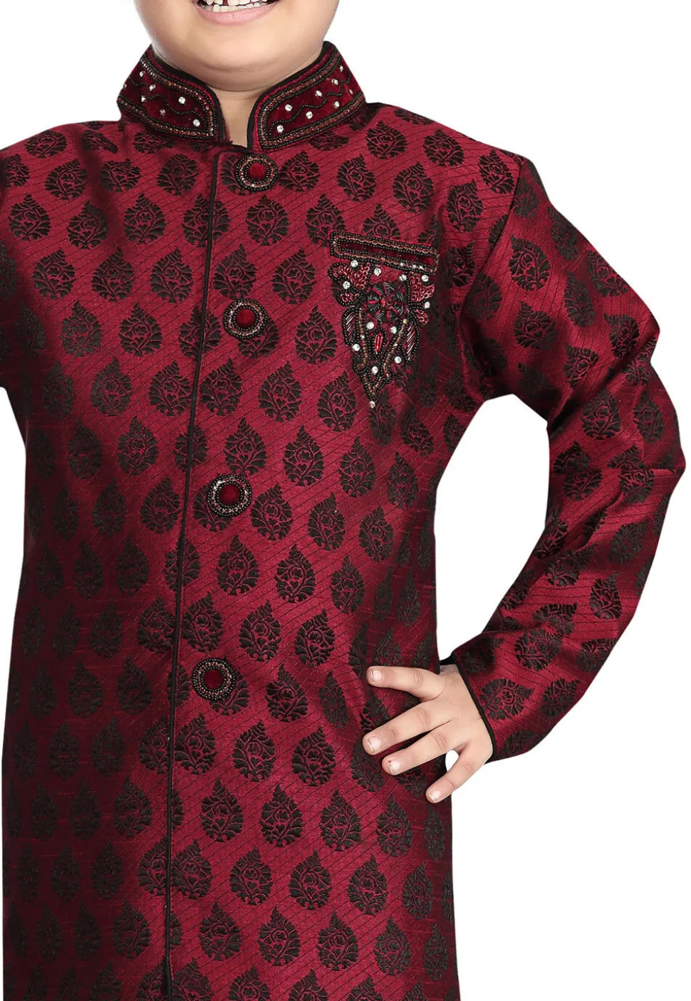 Woven Art Silk Jacquard Sherwani in Maroon