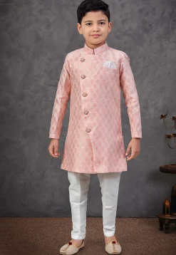 Woven Art Silk Jacquard Sherwani in Peach