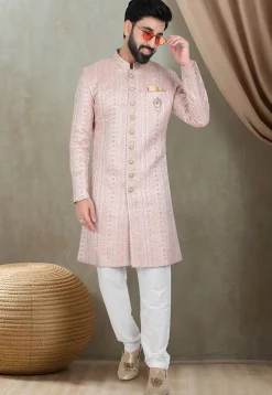 Woven Art Silk Jacquard Sherwani in Pink