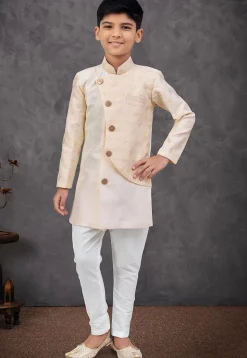 Woven Art Silk Jacquard Sherwani in Beige