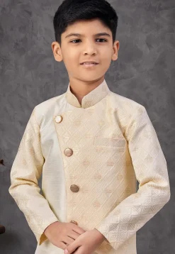Woven Art Silk Jacquard Sherwani in Beige