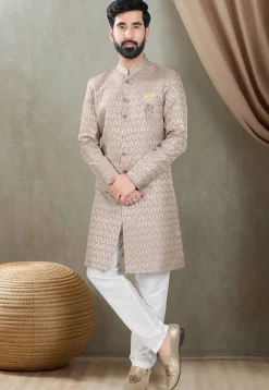 Woven Art Silk Jacquard Sherwani in Dusty Purple