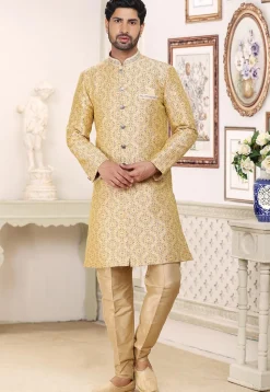 Woven Art Silk Jacquard Sherwani in Beige