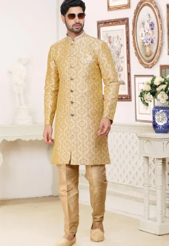 Woven Art Silk Jacquard Sherwani in Beige