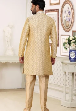 Woven Art Silk Jacquard Sherwani in Beige
