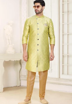 Woven Art Silk Jacquard Sherwani in Yellow