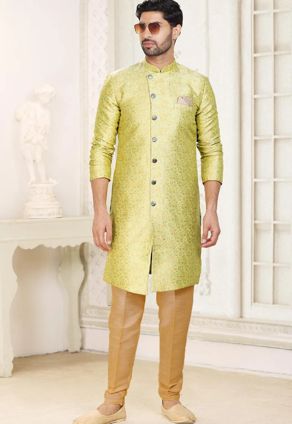 Woven Art Silk Jacquard Sherwani in Yellow