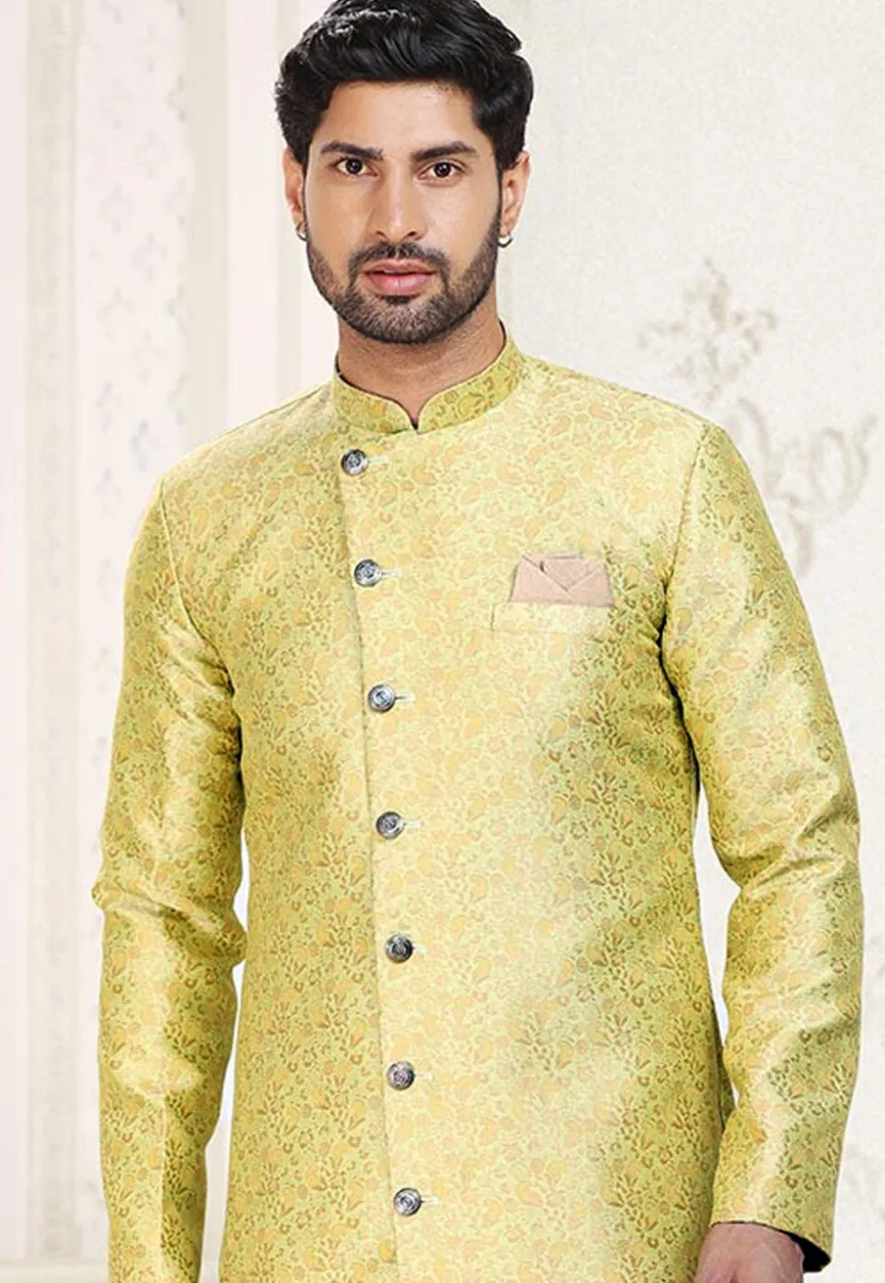 Woven Art Silk Jacquard Sherwani in Yellow