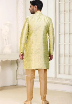 Woven Art Silk Jacquard Sherwani in Yellow
