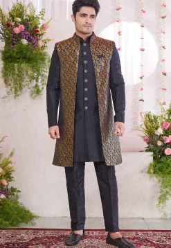 Woven Art Silk Jacquard Sherwani in Black
