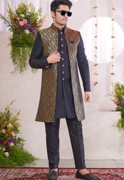Woven Art Silk Jacquard Sherwani in Black