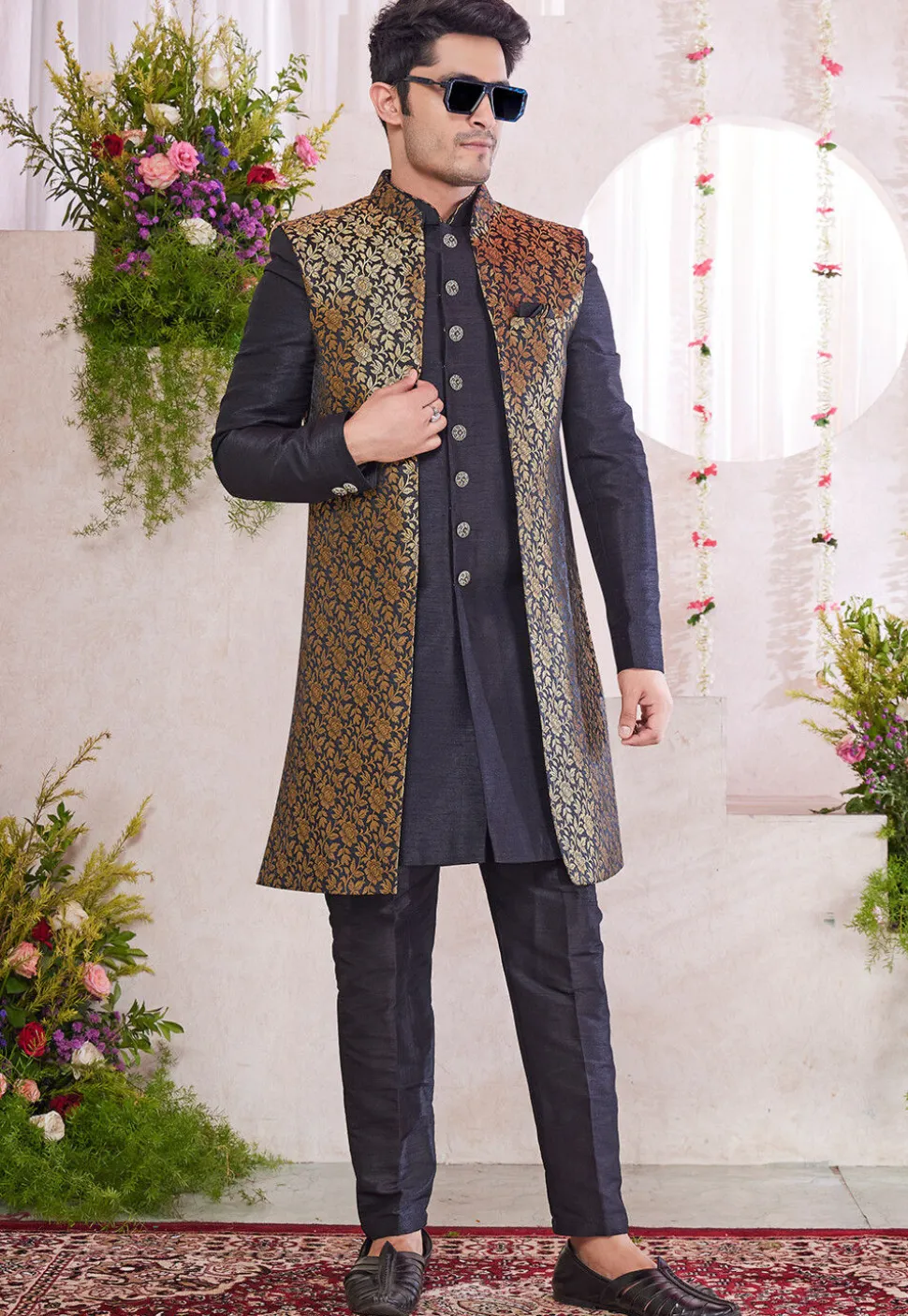Woven Art Silk Jacquard Sherwani in Black