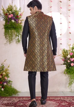 Woven Art Silk Jacquard Sherwani in Black