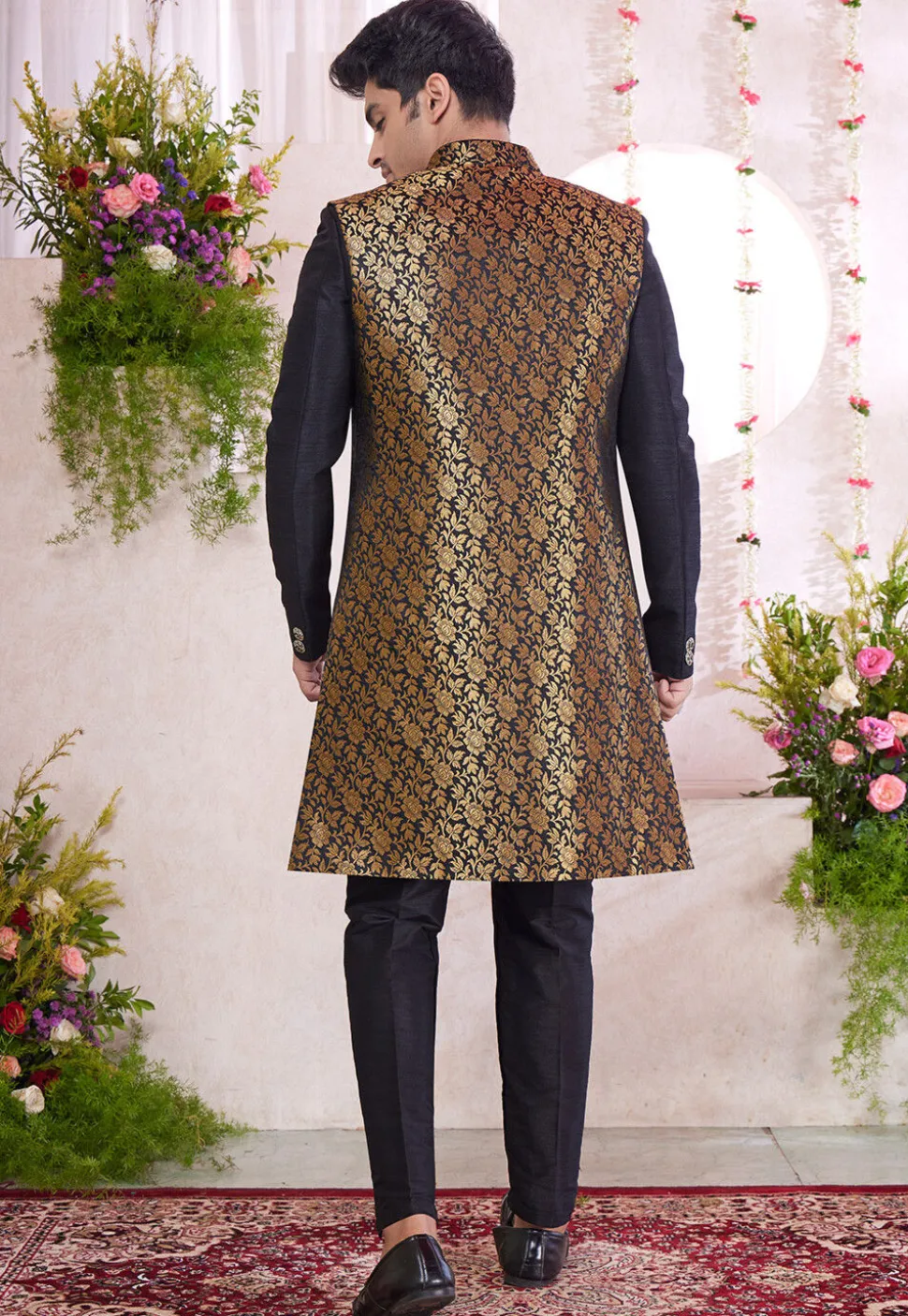Woven Art Silk Jacquard Sherwani in Black