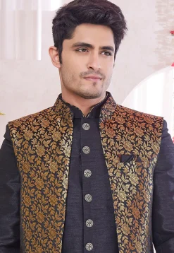 Woven Art Silk Jacquard Sherwani in Black